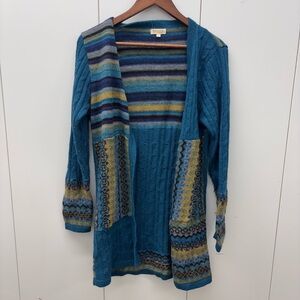 NOVICA Alpaca Open Front Striped Cardigan Sweater Teal Blue Boho Womens Large